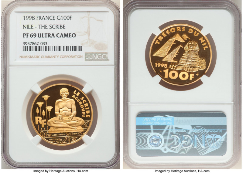 Republic gold Proof "Treasures of the Nile - The Scribe Accroupi" 100 Francs 199...