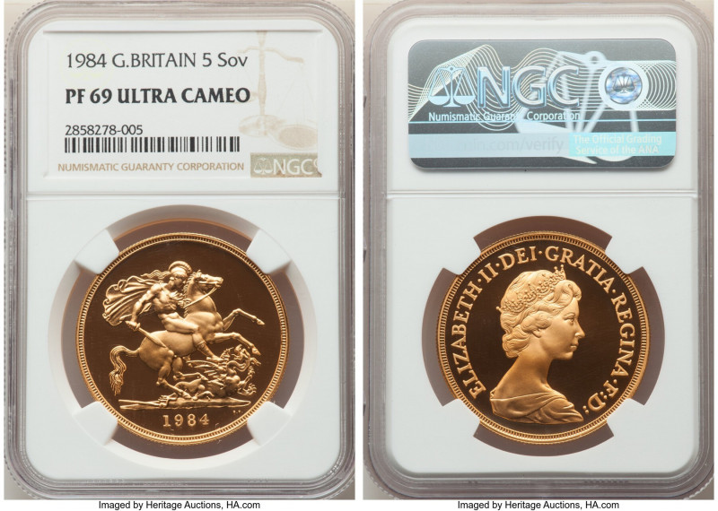 Elizabeth II gold Proof 5 Pounds 1984 PR69 Ultra Cameo NGC, KM924. AGW 1.1775 oz...