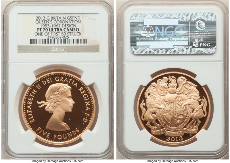 Elizabeth II gold Proof "Queen's Coronation" 5 Pounds 2013 PR70 Ultra Cameo NGC,...