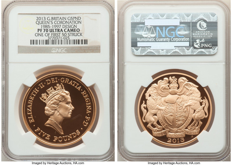 Elizabeth II gold Proof "Queen's Coronation" 5 Pounds 2013 PR70 Ultra Cameo NGC,...