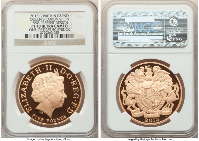 Elizabeth II gold Proof "Queen's Coronation" 5 Pounds 2013 PR70 Ultra Cameo NGC,...
