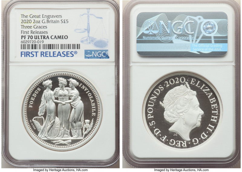 Elizabeth II silver Proof "Three Graces" 5 Pounds (2 oz) 2020 PR70 Ultra Cameo N...