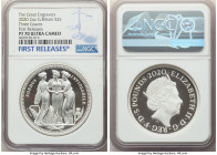Elizabeth II silver Proof "Three Graces" 5 Pounds (2 oz) 2020 PR70 Ultra Cameo NGC, KM-Unl., S-GE8. Mintage: 3,500. Great Engravers series. First Rele...
