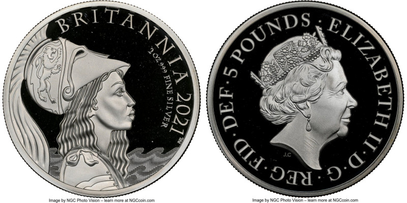 Elizabeth II silver Proof "Britannia Portrait" 5 Pounds (2 oz) 2021 PR68 Ultra C...