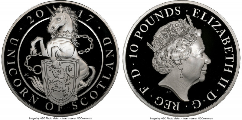 Elizabeth II silver Proof "Unicorn of Scotland" 10 Pounds (5 oz) 2017 PR70 Ultra...