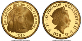Elizabeth II gold Proof "Britannia" 50 Pounds 2016 PR70 Deep Cameo PCGS, KM-Unl., S-BGE18 (prev. S-BP17). AGW 0.5 oz. 

HID09801242017

© 2022 Heritag...