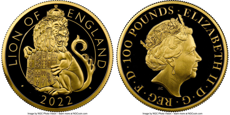 Elizabeth II gold Proof "Lion of England" 100 Pounds (1 oz) 2022 PR70 Ultra Came...