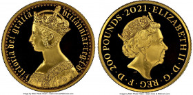 Elizabeth II gold Proof "Gothic Crown Portrait" 200 Pounds (2 oz) 2021 PR70 Ultra Cameo NGC, KM-Unl., S-GE23. Great Engravers series. Reeded edge. Str...