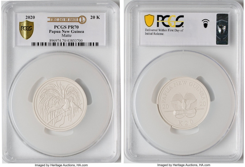 Republic silver Matte Proof "Bird of Paradise" 20 Kina (2 oz) 2020 PR70 PCGS, Co...