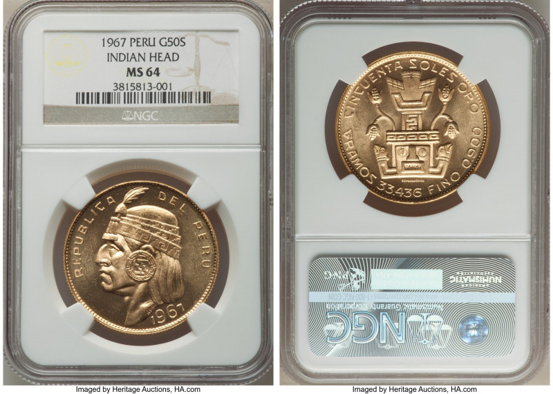 Republic gold "Inca" 50 Soles 1967 MS64 NGC, Lima mint, KM219, Fr-77. Mintage: 1...