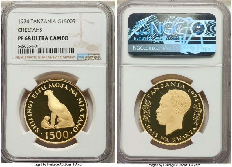 Republic gold Proof "Cheetahs" 1500 Shilingi 1974 PR68 Ultra Cameo NGC, KM9, Fr-...