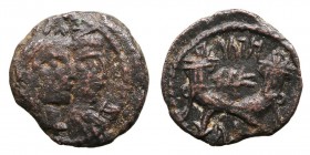 MONEDAS ANTIGUAS
NABATEA
Arethas IV. AE. (9 a.C.-40 d.C.) A/Bustos a der. de Arethas y Chaquilat. R/Dos cornucopias cruzadas, entre ellas ley. arame...