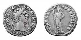 IMPERIO ROMANO
DOMICIANO
Denario. AR. R/IMP. XXI COS. XV CENS. P.P.P. Minerva estante a la izq. 3,34 g. RIC.156. MBC.