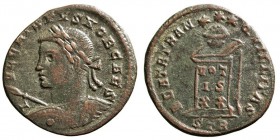 IMPERIO ROMANO
CRISPO
Follis. AE. R/BEATA TRANQVILLITAS, en exergo STR. Altar. RIC.308. Muy escasa. MBC+.