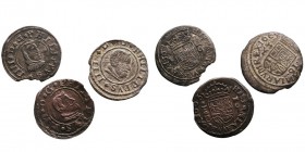 MONARQUÍA ESPAÑOLA
FELIPE IV
16 Maravedís. AE. Lote de 3 monedas. 1663 Coruña, 1663 Cuenca y 1664 Madrid Y. MBC+ a MBC-.