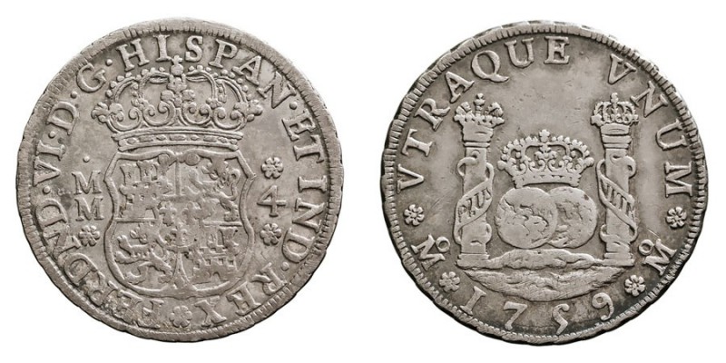 MONARQUÍA ESPAÑOLA
FERNANDO VI
4 Reales. AR. Méjico MM. 1759. Tipo columnario....