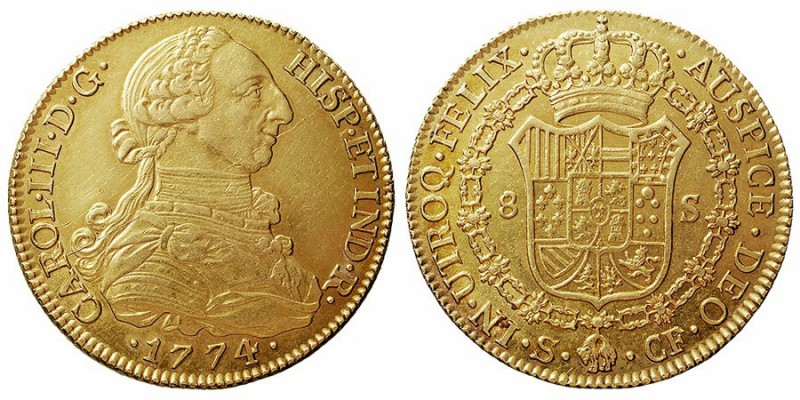 MONARQUÍA ESPAÑOLA
CARLOS III
8 Escudos. AV. Sevilla CF. 1774. 27,17 g. Cal.25...