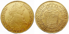 MONARQUÍA ESPAÑOLA
CARLOS III
8 Escudos. AV. Sevilla CM. 1787. 27,05 g. Cal.262. Hojita a la 1 en anv., por lo demás bonita pieza. Escasa. MBC+.