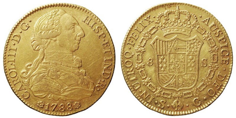 MONARQUÍA ESPAÑOLA
CARLOS III
8 Escudos. AV. Sevilla C. 1788. 27,14 g. Cal.263...