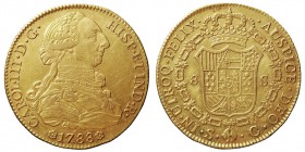 MONARQUÍA ESPAÑOLA
CARLOS III
8 Escudos. AV. Sevilla C. 1788. 27,14 g. Cal.263. Conserva brillo original, bella pieza. EBC.