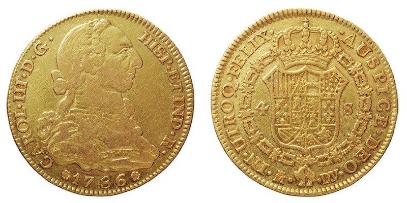 MONARQUÍA ESPAÑOLA
CARLOS III
4 Escudos. AV. Madrid DV. 1786. Letras DV sobre ...