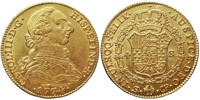 MONARQUÍA ESPAÑOLA
CARLOS III
4 Escudos. AV. Sevilla CF. 1774. 13,44 g. Cal.No...