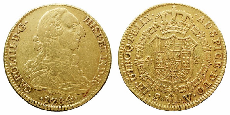 MONARQUÍA ESPAÑOLA
CARLOS III
4 Escudos. AV. Sevilla V. 1784. 13,49 g. Cal.406...