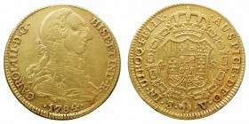 MONARQUÍA ESPAÑOLA
CARLOS III
4 Escudos. AV. Sevilla V. 1784. 13,49 g. Cal.406. Restos de brillo original. Rarísima. MBC+/EBC-.