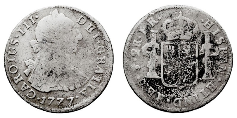 MONARQUÍA ESPAÑOLA
CARLOS III
2 Reales. AR. Potosí PR. 1777. 6,21 g. Cal.1388....