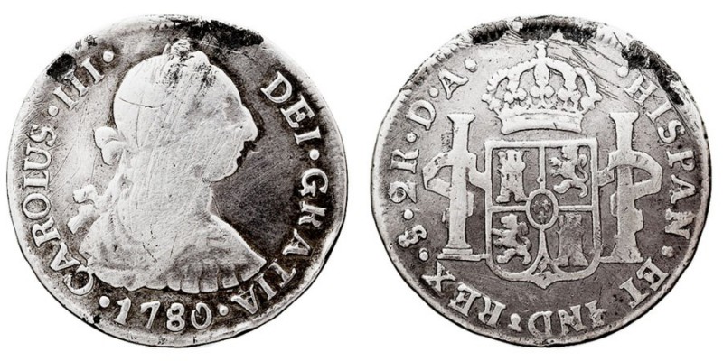 MONARQUÍA ESPAÑOLA
CARLOS III
2 Reales. AR. Santiago DA. 1780. 6,48 g. Cal.142...