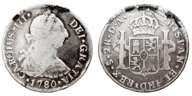 MONARQUÍA ESPAÑOLA
CARLOS III
2 Reales. AR. Santiago DA. 1780. 6,48 g. Cal.1423. Sirvió de joya, golpes y rayas, si no BC-. Muy escasa.