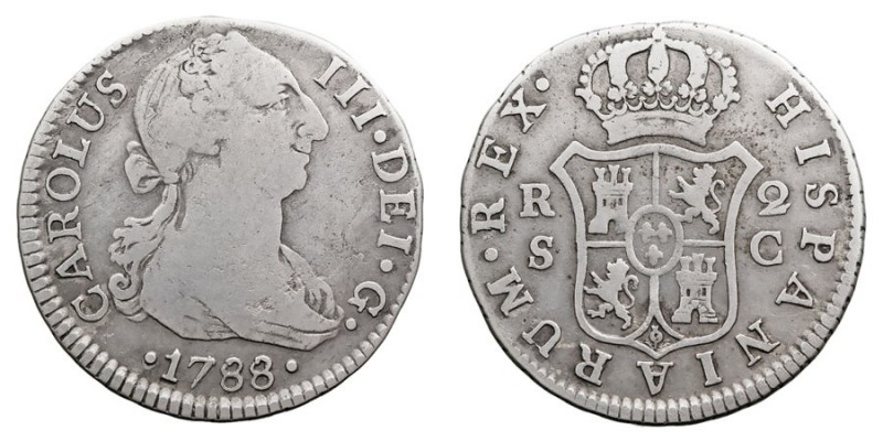 MONARQUÍA ESPAÑOLA
CARLOS III
2 Reales. AR. Sevilla C. 1788. 5,62 g. Cal.1451....