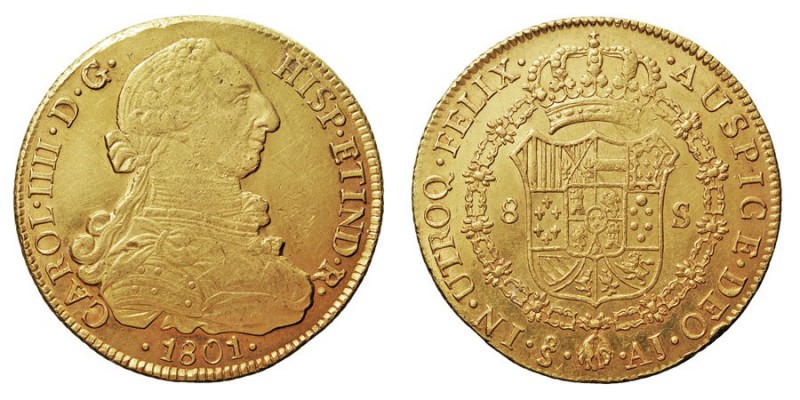 MONARQUÍA ESPAÑOLA
CARLOS IV
8 Escudos. AV. Santiago AJ. 1801. 27,19 g. Cal.16...