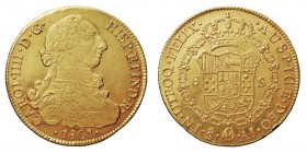 MONARQUÍA ESPAÑOLA
CARLOS IV
8 Escudos. AV. Santiago AJ. 1801. 27,19 g. Cal.162. Golpecito en canto y rayitas en anv., conservando restos de brillo,...