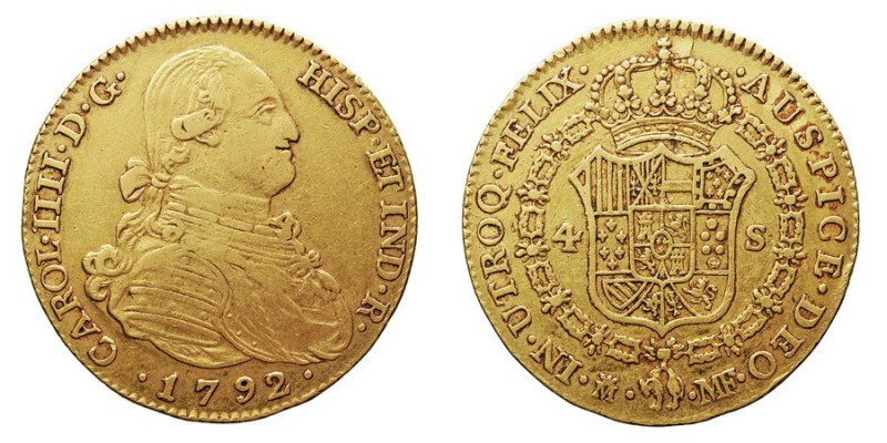 MONARQUÍA ESPAÑOLA
CARLOS IV
4 Escudos. AV. Madrid MF. 1792. 13,44 g. Cal.202....