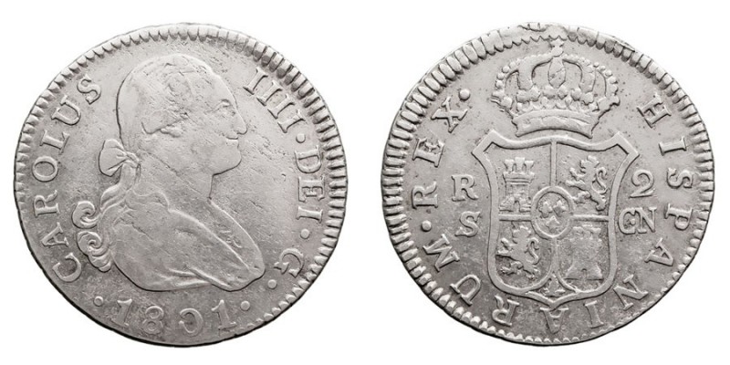 MONARQUÍA ESPAÑOLA
CARLOS IV
2 Reales. AR. Sevilla CN. 1801. 5,89 g. Cal.1065....