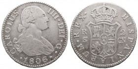 MONARQUÍA ESPAÑOLA
CARLOS IV
2 Reales. AR. Sevilla CN. 1806. 5,82 g. Cal.1069. MBC-.