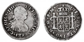 MONARQUÍA ESPAÑOLA
CARLOS IV
1/2 Real. AR. Méjico FM. 1799. 1,62 g. Cal.1293. MBC-.