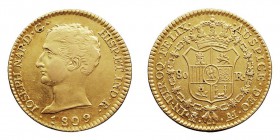 MONARQUÍA ESPAÑOLA
JOSÉ NAPOLEÓN
80 Reales. AV. Madrid AI. 1809. 6,72 g. Cal.7. Ligeras rayitas en anv., si no EBC. Muy escasa.