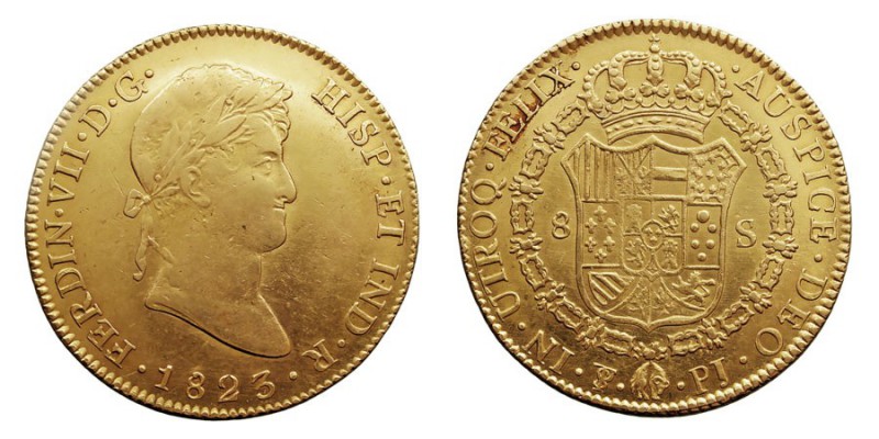 MONARQUÍA ESPAÑOLA
FERNANDO VII
8 Escudos. AV. Potosí PJ. 1823. 27,02 g. Cal.8...