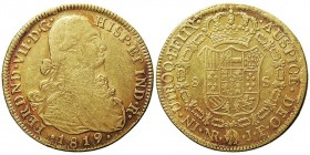 MONARQUÍA ESPAÑOLA
FERNANDO VII
8 Escudos. AV. Nuevo Reino JF. 1819. 26,89 g. Cal.110. MBC-/MBC.