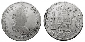 MONARQUÍA ESPAÑOLA
FERNANDO VII
8 Reales. AR. Méjico JJ. 1820. 26,91 g. Cal.564. Raya sobre el valor en rev., si no MBC.