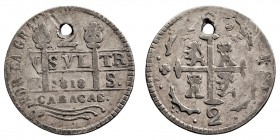 MONARQUÍA ESPAÑOLA
FERNANDO VII
2 Reales. AR. Caracas BS. 1818. Acuñada sobre una moneda de 2 reales peninsular. 4,49 g. Cal.843. Agujerito a las 12...