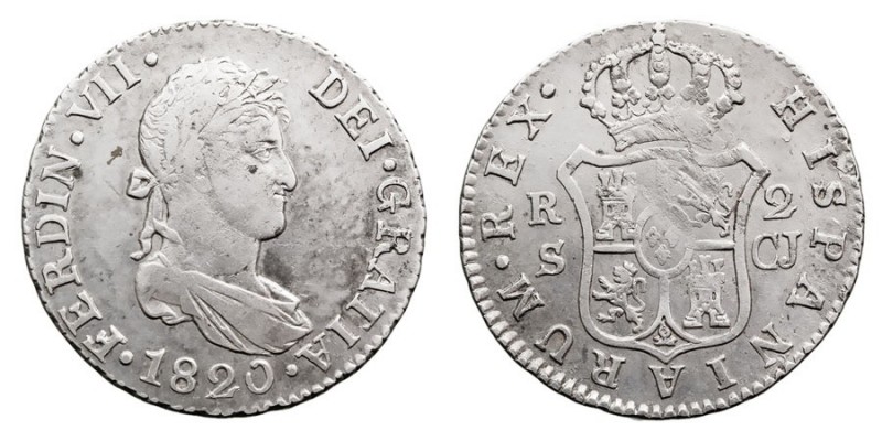 MONARQUÍA ESPAÑOLA
FERNANDO VII
2 Reales. AR. Sevilla GJ. 1820. 5,92 g. Cal.10...