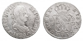 MONARQUÍA ESPAÑOLA
FERNANDO VII
2 Reales. AR. Sevilla GJ. 1820. 5,92 g. Cal.1026. Ligero vano de cuño sobre el escudo, si no MBC+.