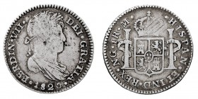 MONARQUÍA ESPAÑOLA
FERNANDO VII
Real. AR. Guatemala M. 1820. 3,28 g. Cal.1123. Ligero vano de cuño en rev., si no MBC. Escasa.