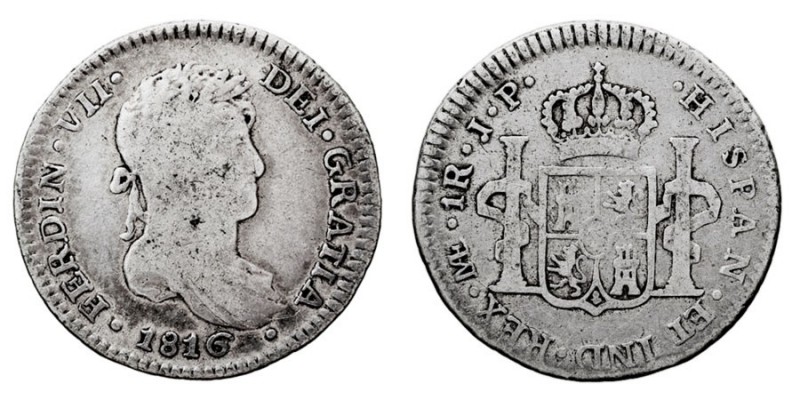 MONARQUÍA ESPAÑOLA
FERNANDO VII
Real. AR. Lima JP. 1816. 3,52 g. Cal.1135. BC+...