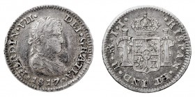MONARQUÍA ESPAÑOLA
FERNANDO VII
1/2 Real. AR. Méjico JJ. 1817. 1,66 g. Cal.1349. Escasa. MBC-/MBC.