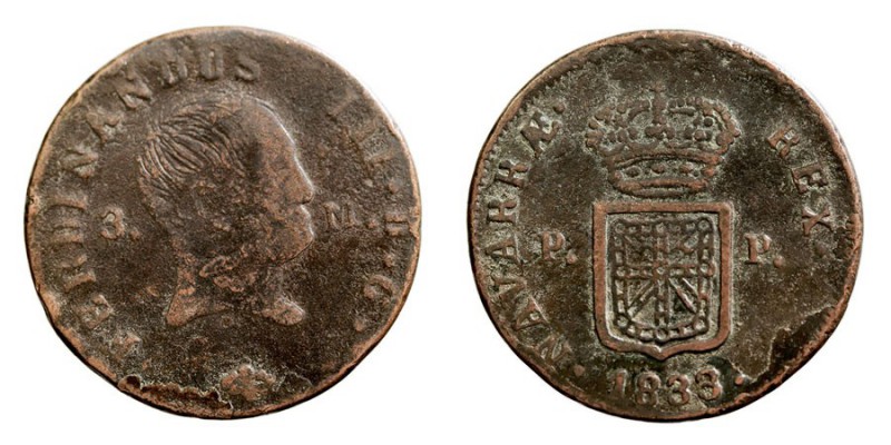 MONARQUÍA ESPAÑOLA
FERNANDO VII
3 Maravedís. AE. Pamplona. 1833. Cal.1648. Esc...