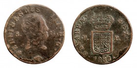 MONARQUÍA ESPAÑOLA
FERNANDO VII
3 Maravedís. AE. Pamplona. 1833. Cal.1648. Escasa. BC.
